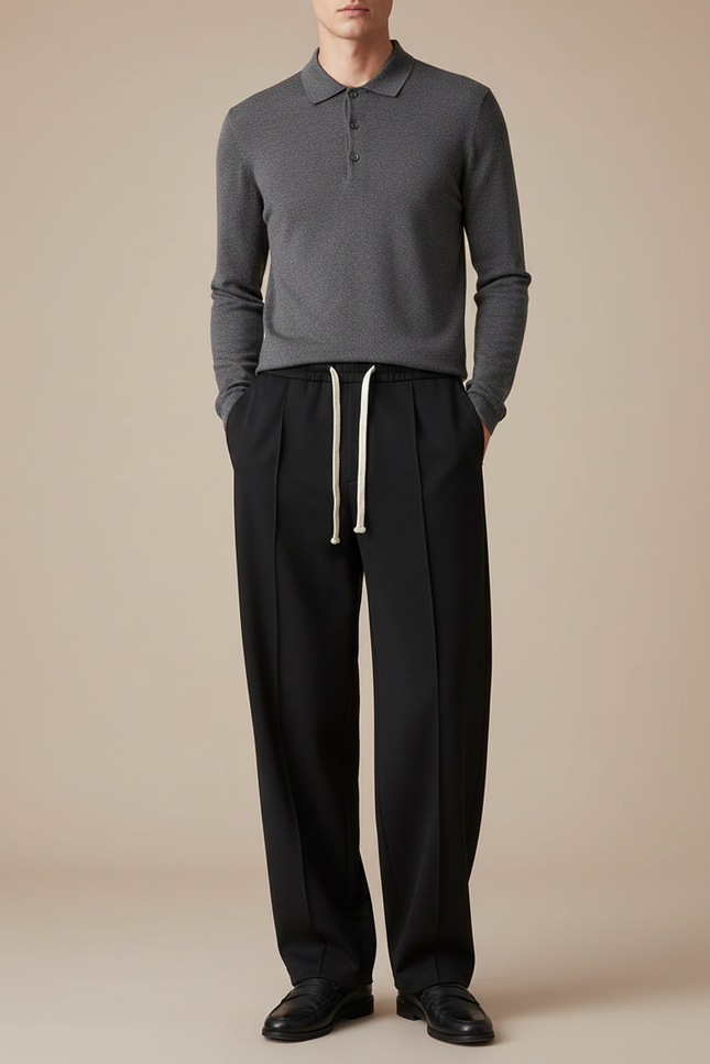 Pantalon Noir Ample Droit Décontracté Cordon Homme - Polyester
