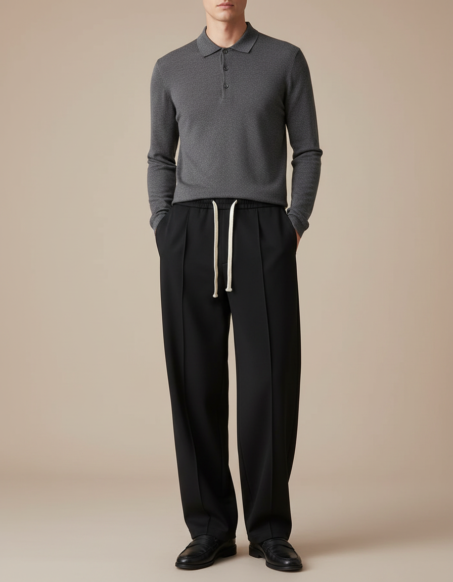 Pantalon Noir Ample Droit Décontracté Cordon Homme - Polyester