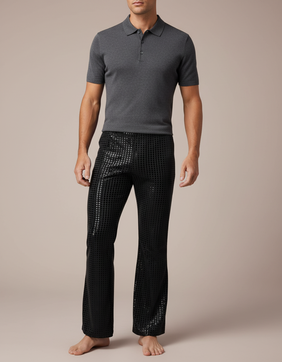 Pantalon Noir Paillettes Disco Évasé Homme - Polyester