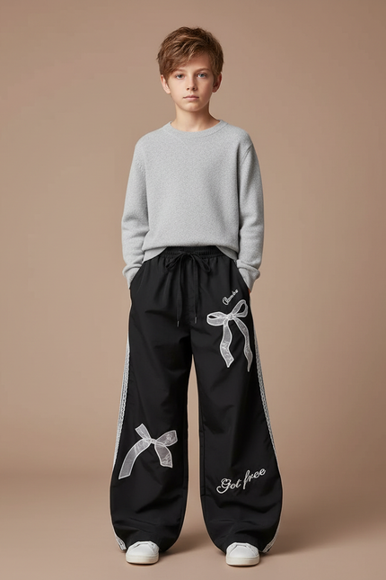 Pantalon Noir Ample Dentelle Nœuds Décontracté - Polyester