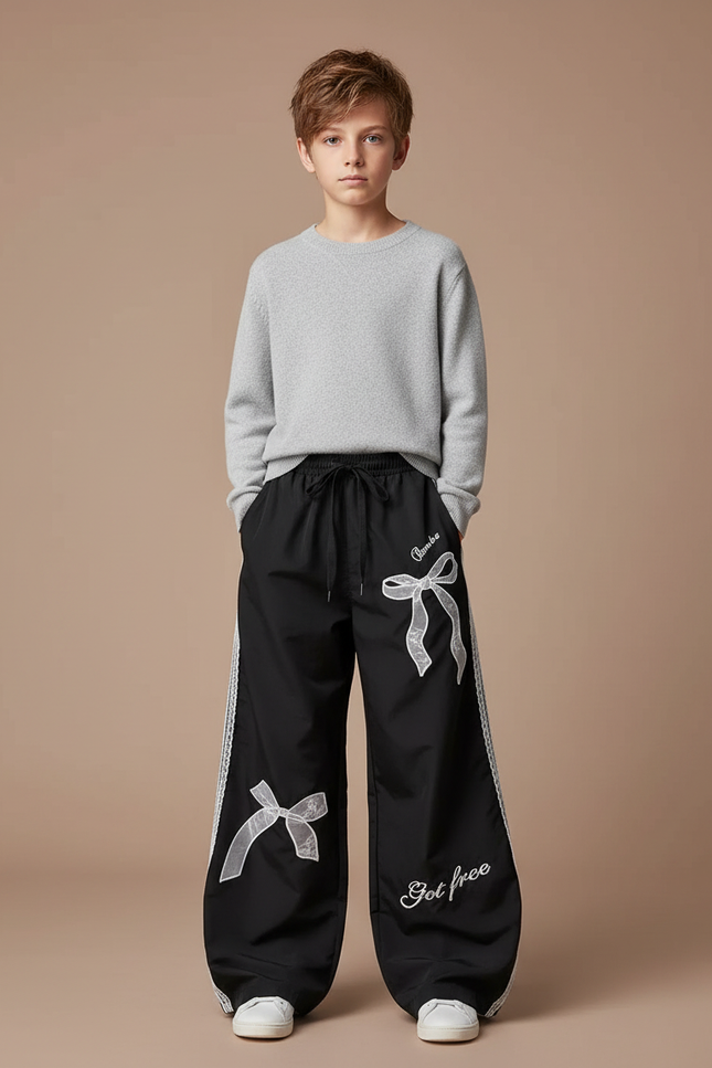 Pantalon Noir Ample Dentelle Nœuds Décontracté - Polyester