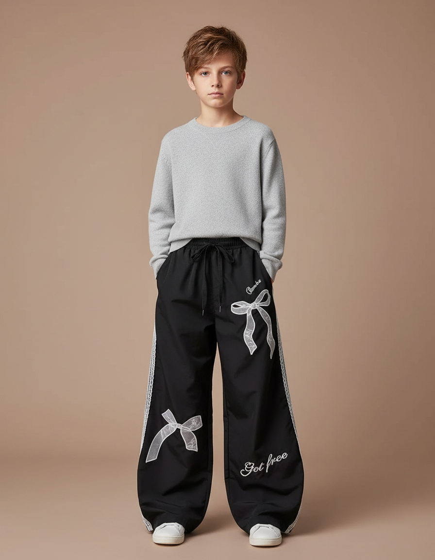 Pantalon Noir Ample Dentelle Nœuds Décontracté - Polyester