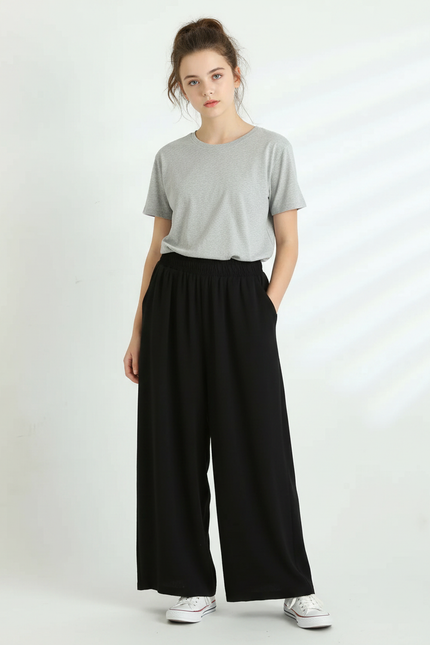 Pantalon Noir Ample Fluide Décontracté Femme - Viscose