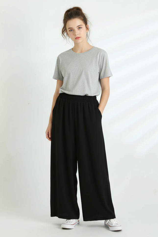 Pantalon Noir Ample Fluide Décontracté Femme - Viscose