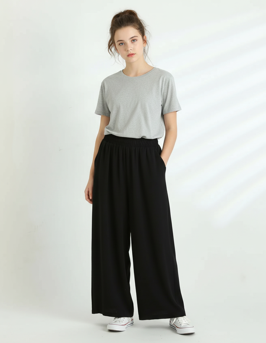 Pantalon Noir Ample Fluide Décontracté Femme - Viscose