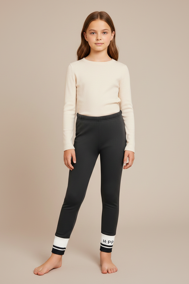 Pantalon Noir Fille Molletonné Confortable Imprimé Sportif - Gris