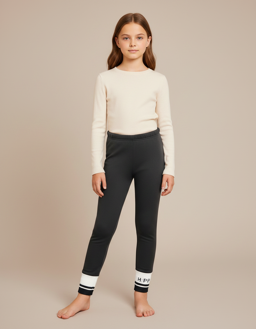 Pantalon Noir Fille Molletonné Confortable Imprimé Sportif - Gris