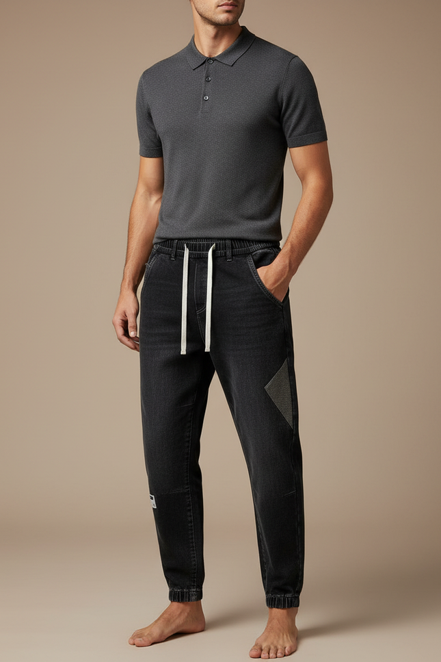 Pantalon Noir Homme Denim Ample Décontracté Cordon - Jean