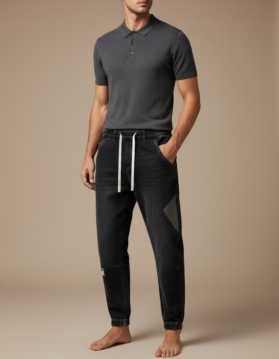 Pantalon Noir Homme Denim Ample Décontracté Cordon - Jean