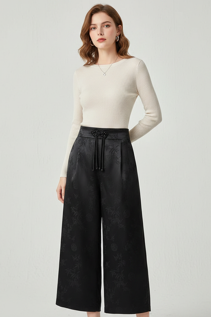 Pantalon Noir Satiné Jacquard Ample Brodé Élégant