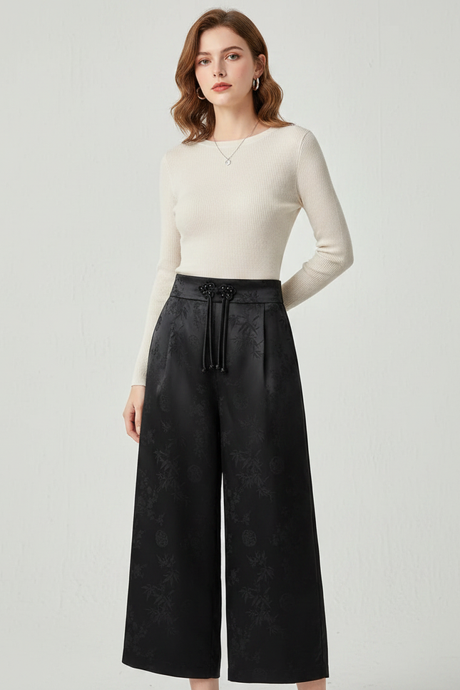 Pantalon Noir Satiné Jacquard Ample Brodé Élégant
