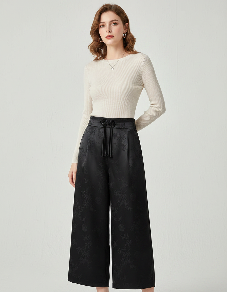 Pantalon Noir Satiné Jacquard Ample Brodé Élégant