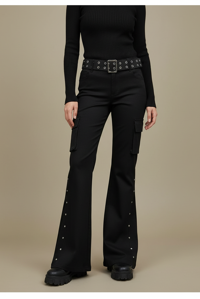 Pantalon Noir Évasé Rivets Cargo Taille Haute - Gabardine