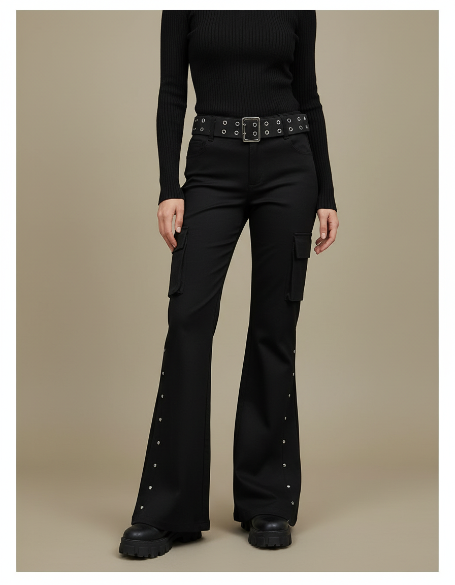 Pantalon Noir Évasé Rivets Cargo Taille Haute - Gabardine