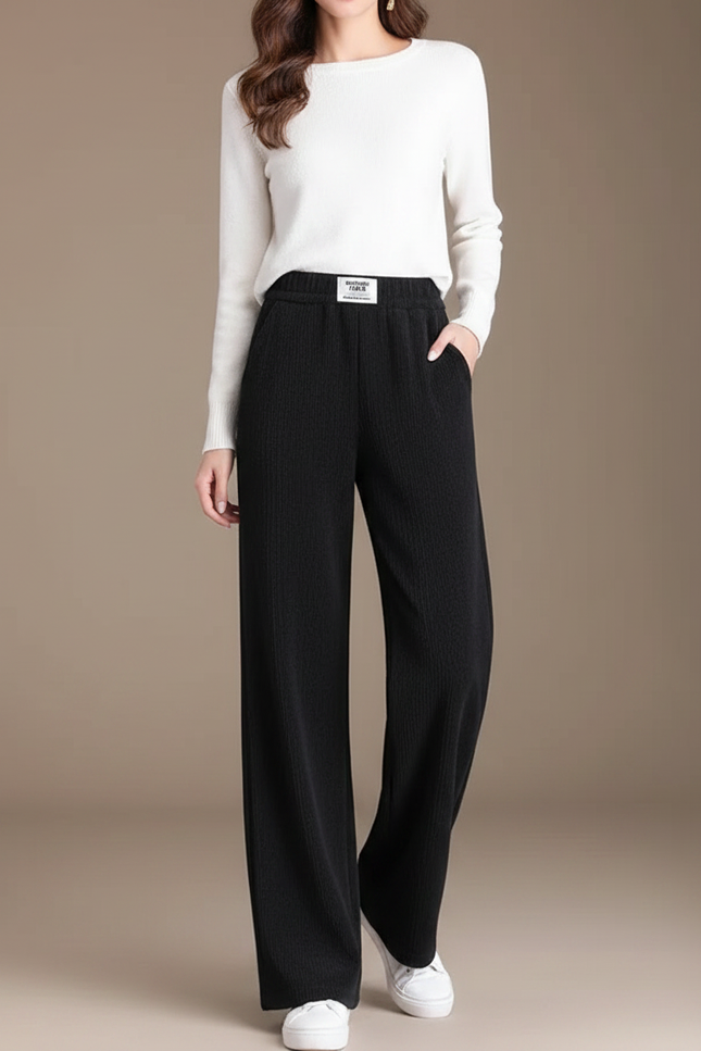 Pantalon Noir Ample Droit Taille Haute Moelleux - Molleton