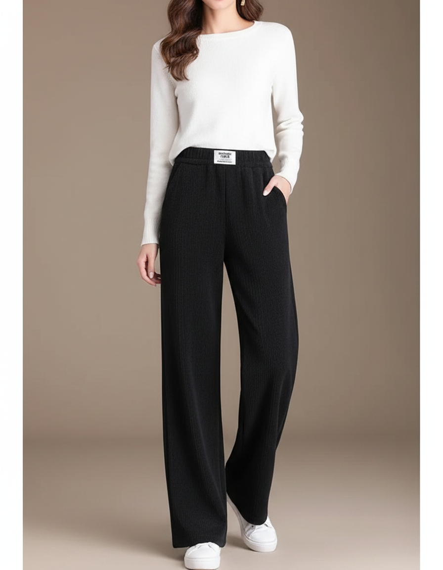 Pantalon Noir Ample Droit Taille Haute Moelleux - Molleton