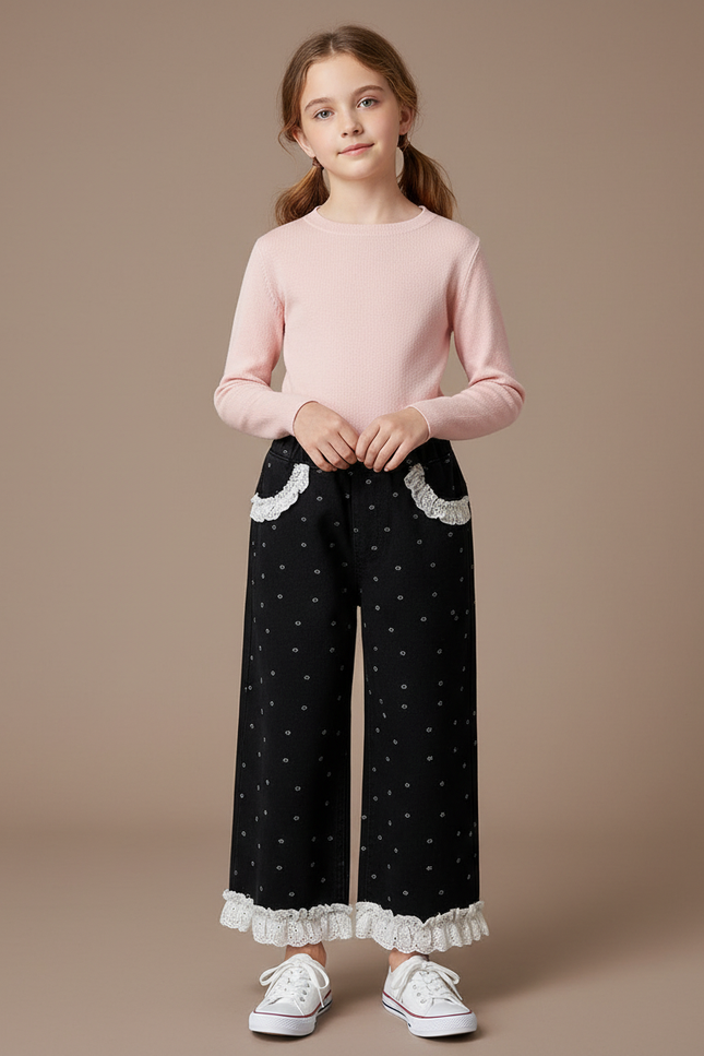 Pantalon Noir Fille Ample Pois Dentelle Volants - Maille