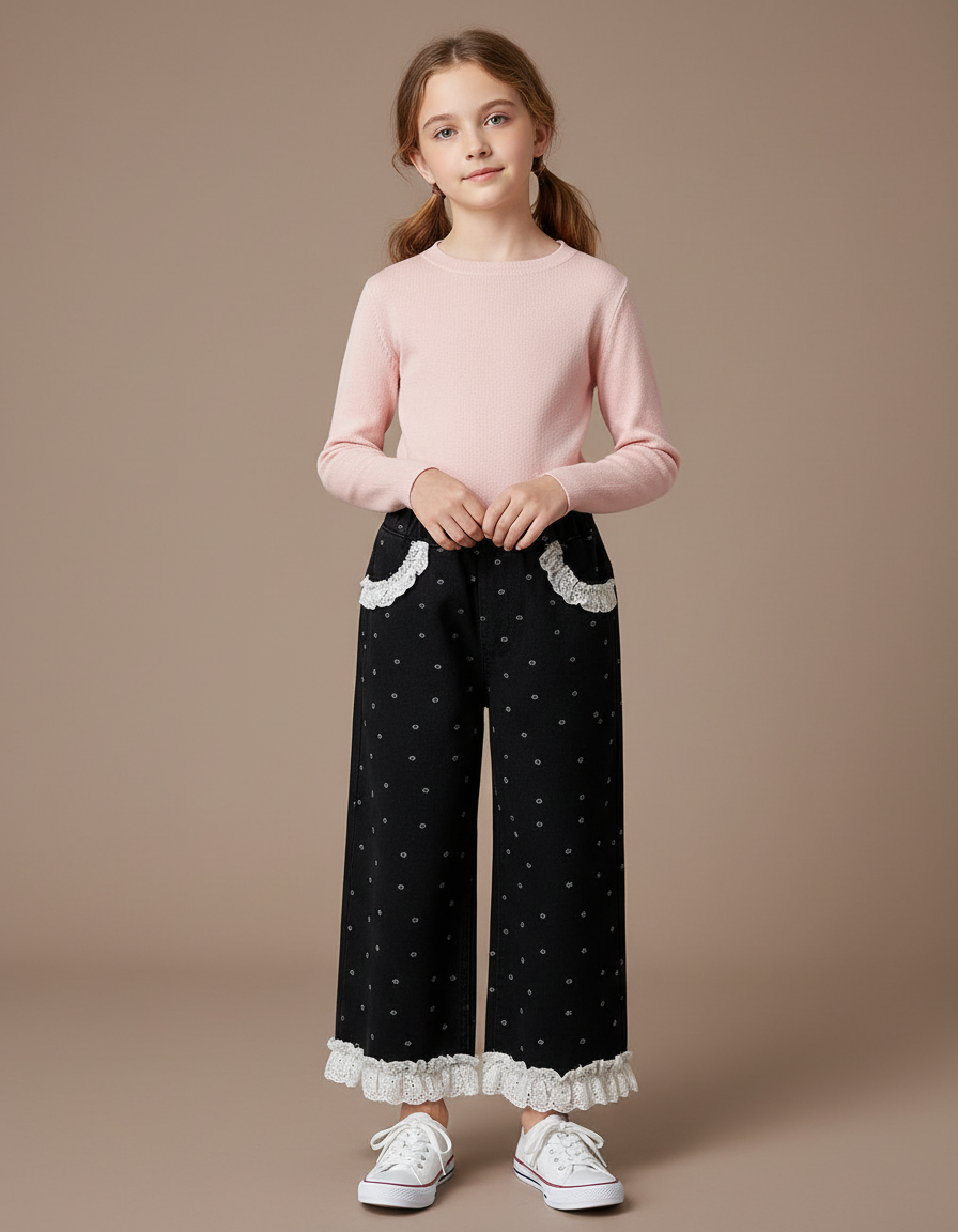 Pantalon Noir Fille Ample Pois Dentelle Volants - Maille