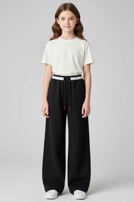 Pantalon Noir Ample Sport Décontracté Cordon Fille - Molleton