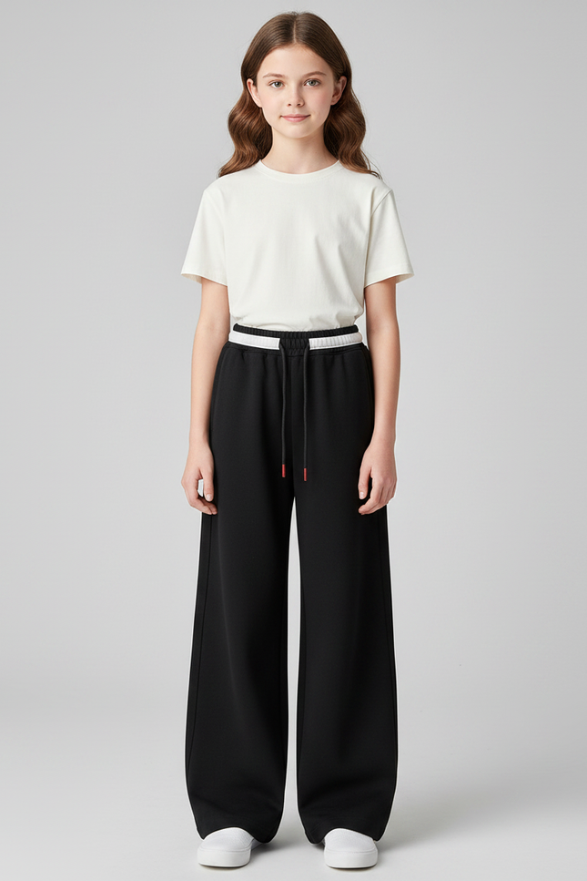Pantalon Noir Ample Sport Décontracté Cordon Fille - Molleton