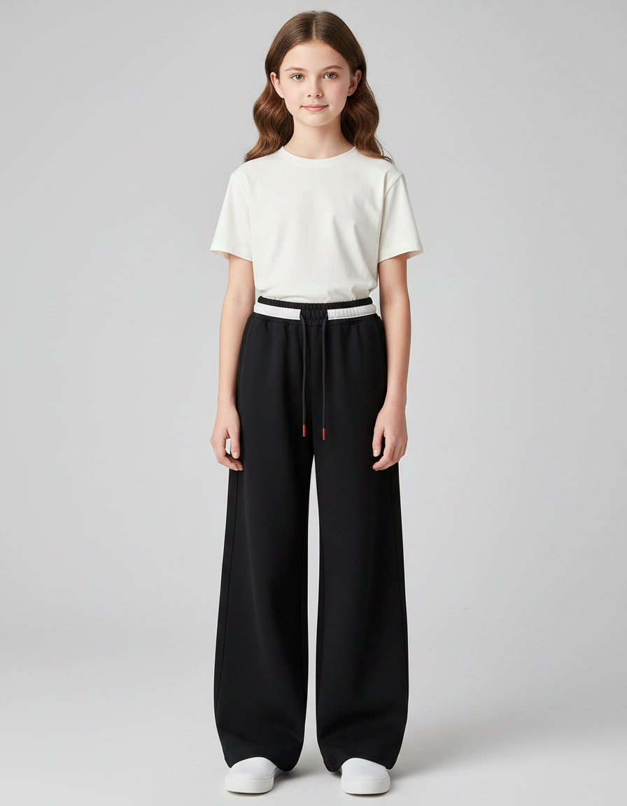 Pantalon Noir Ample Sport Décontracté Cordon Fille - Molleton