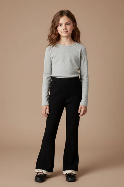 Pantalon Noir Côtelé Évasé Dentelle Crème Fille - Maille