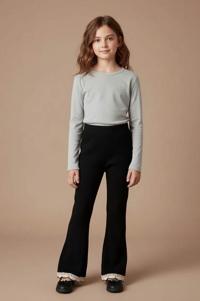 Pantalon Noir Côtelé Évasé Dentelle Crème Fille - Maille