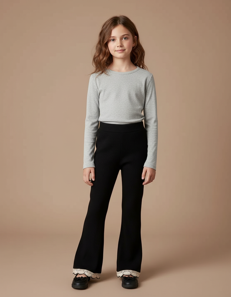 Pantalon Noir Côtelé Évasé Dentelle Crème Fille - Maille