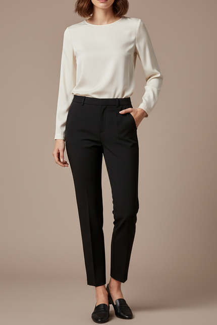 Pantalon Noir Femme Cigarette Taille Haute Élégant - Gabardine