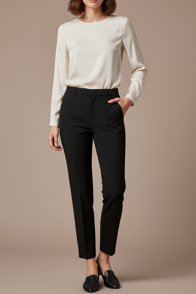 Pantalon Noir Femme Cigarette Taille Haute Élégant - Gabardine