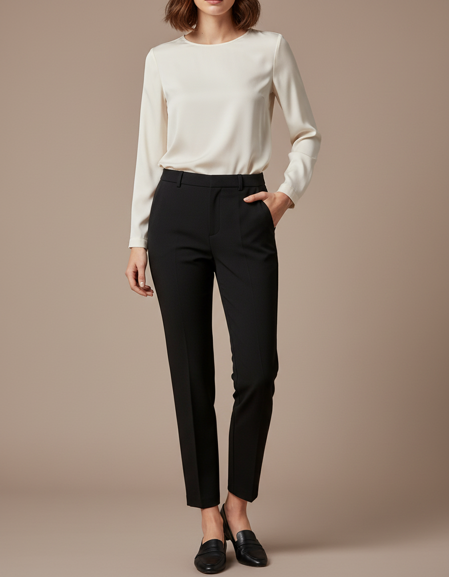 Pantalon Noir Femme Cigarette Taille Haute Élégant - Gabardine
