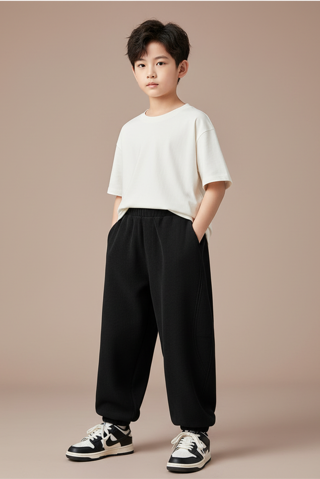 Pantalon Noir Ample Côtelé Garçon Décontracté - Cordé