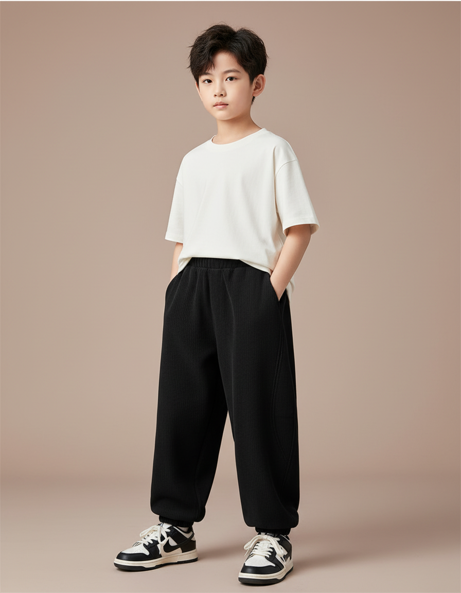Pantalon Noir Ample Côtelé Garçon Décontracté - Cordé
