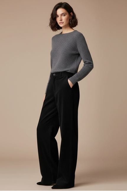 Pantalon Noir Côtelé Ample Décontracté Hiver Femme - Cordé