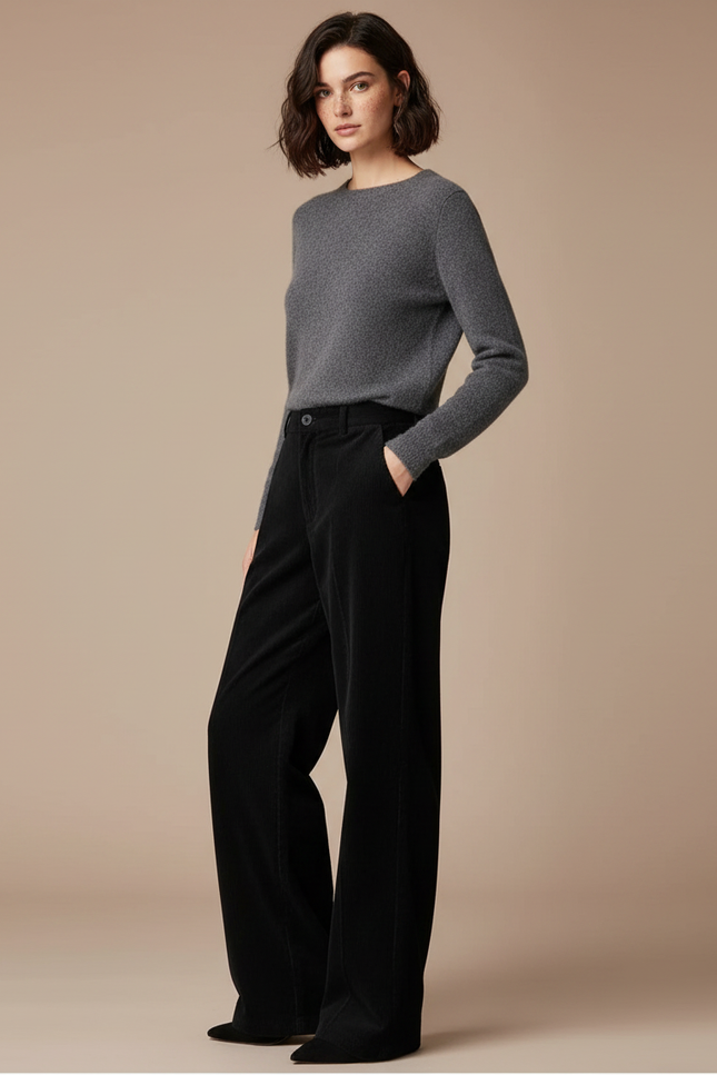 Pantalon Noir Côtelé Ample Décontracté Hiver Femme - Cordé
