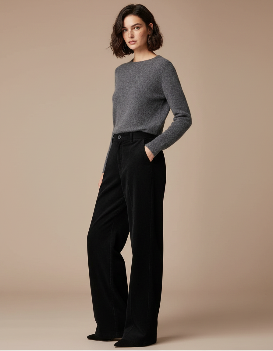 Pantalon Noir Côtelé Ample Décontracté Hiver Femme - Cordé