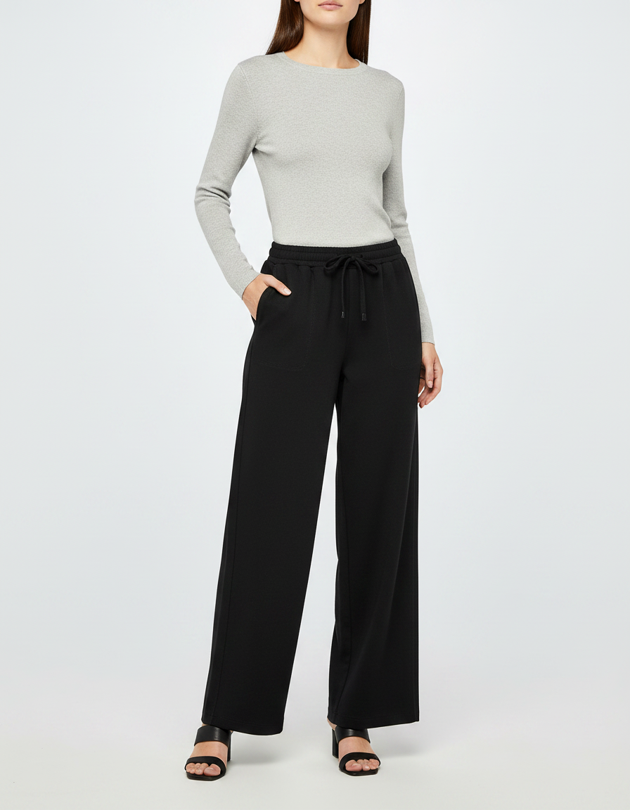 Pantalon Noir Fluide Cordon Ample Femme Élégant - Viscose