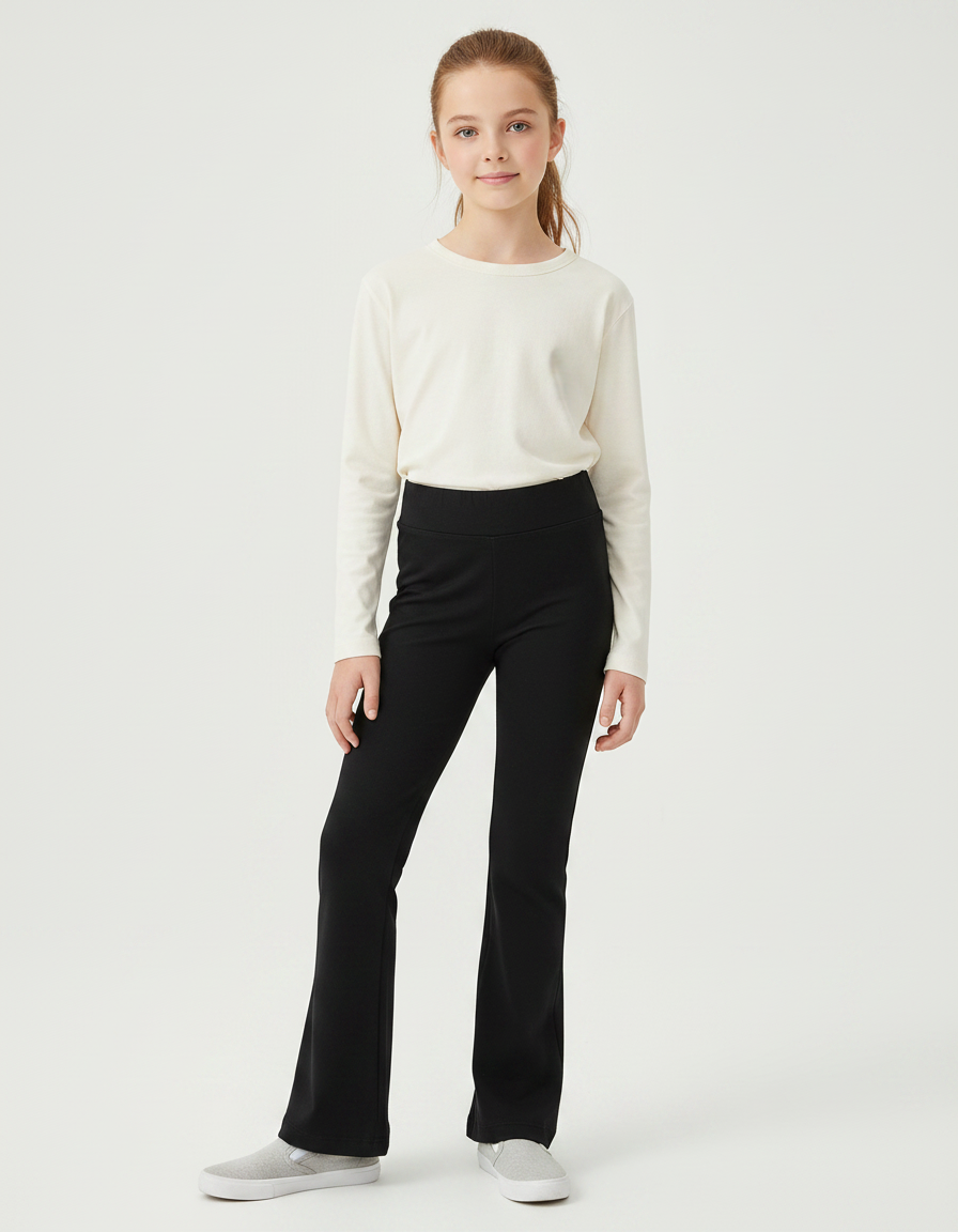 Pantalon Noir Évasé Taille Haute Confortable Fille - Maille