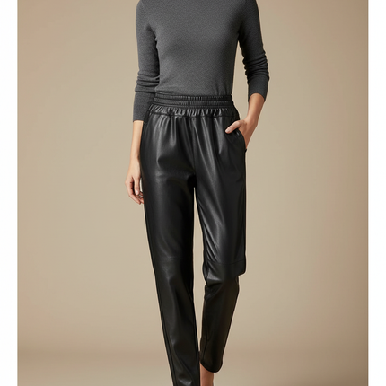Pantalon Noir Similicuir Taille Élastique Droit Femme - Simili cuir