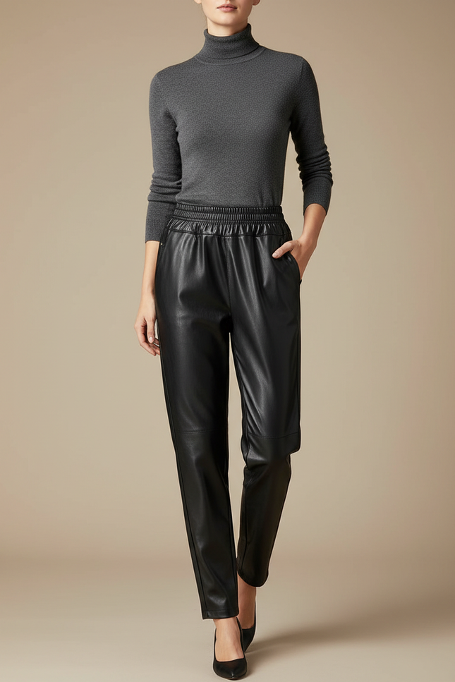 Pantalon Noir Similicuir Taille Élastique Droit Femme - Simili cuir