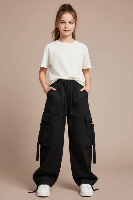 Pantalon Noir Cargo Ample Décontracté Fille Cordon - Polyester