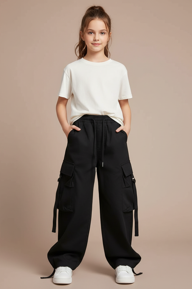 Pantalon Noir Cargo Ample Décontracté Fille Cordon - Polyester