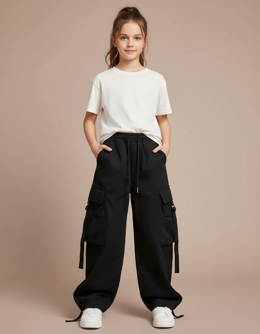 Pantalon Noir Cargo Ample Décontracté Fille Cordon - Polyester