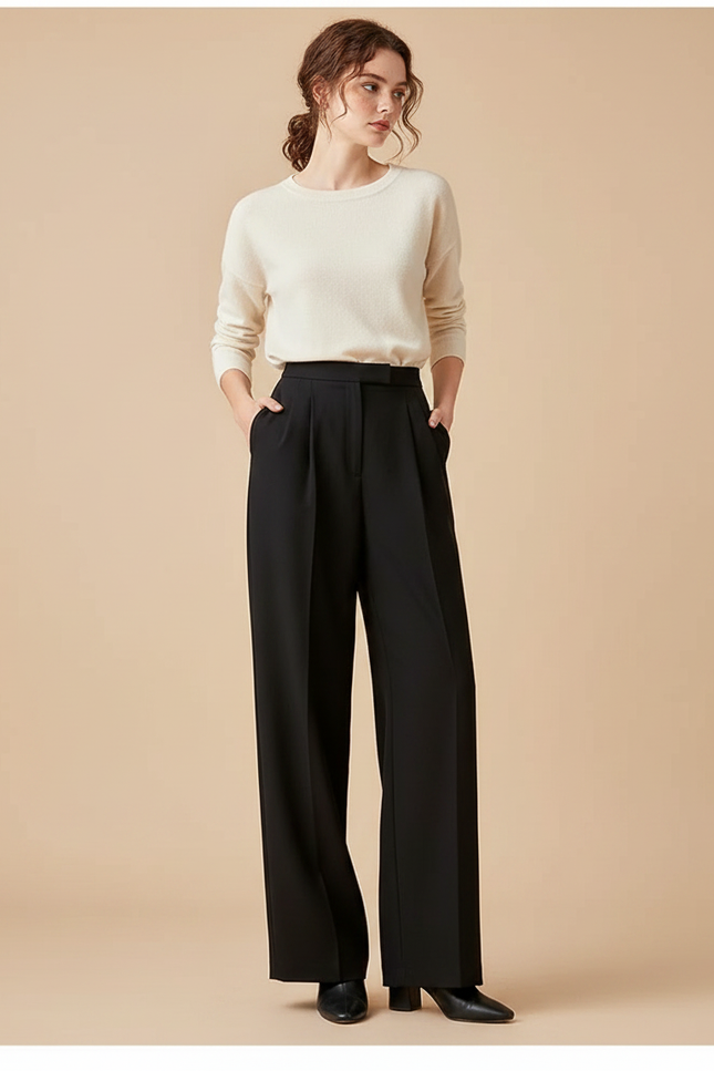 Pantalon Taille Haute Femme Noir - Gabardine
