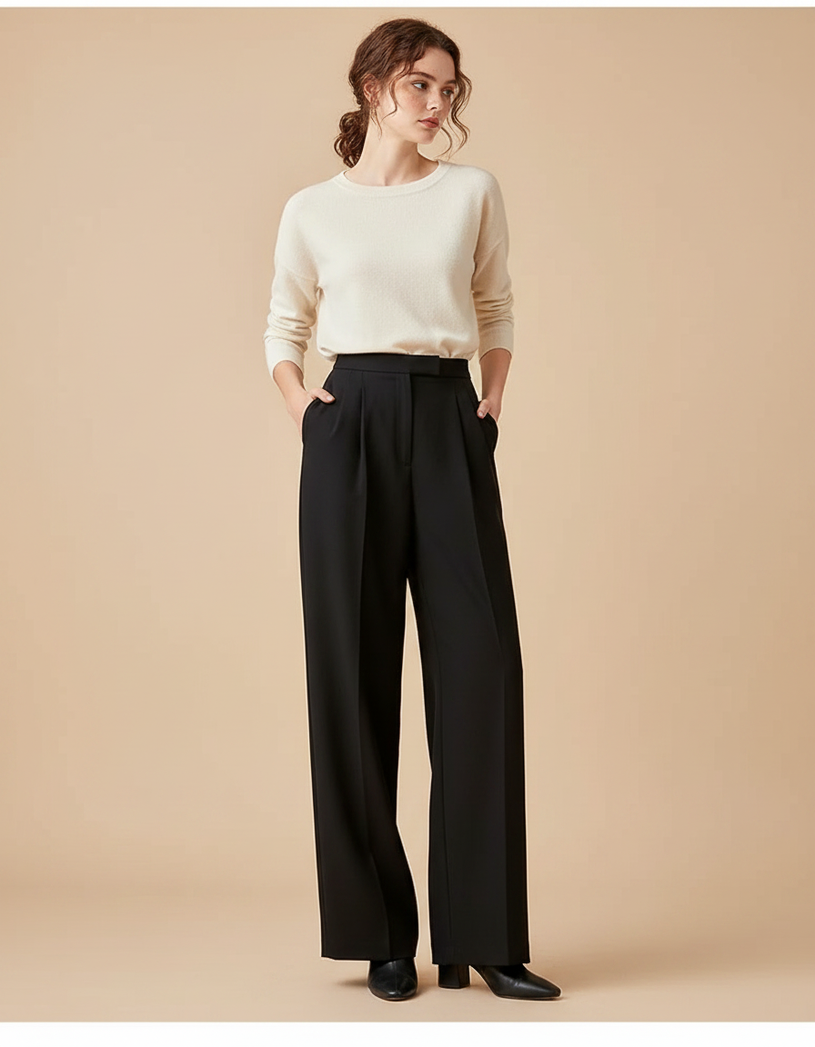 Pantalon Taille Haute Femme Noir - Gabardine
