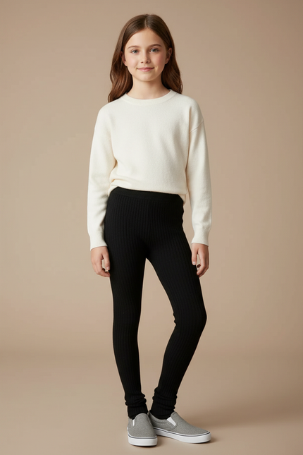 Pantalon Noir Côtelé Chaud Enfant Fille Slim - Maille
