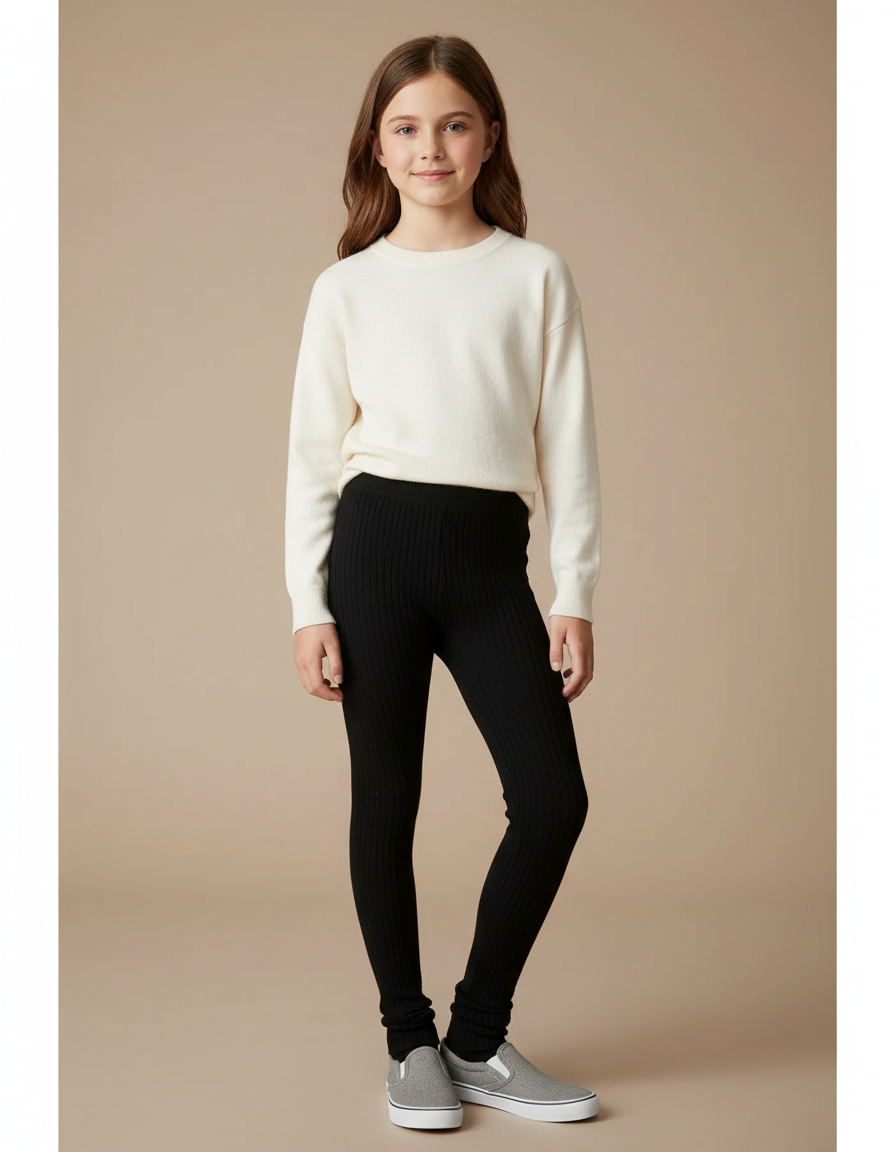 Pantalon Noir Côtelé Chaud Enfant Fille Slim - Maille