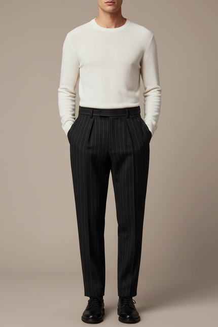 Pantalon Noir Rayé Droit Élégant Homme - Laine