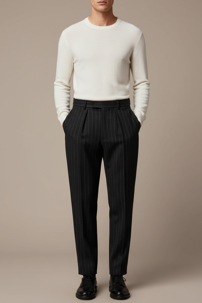 Pantalon Noir Rayé Droit Élégant Homme - Laine