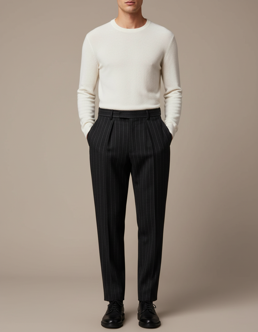 Pantalon Noir Rayé Droit Élégant Homme - Laine